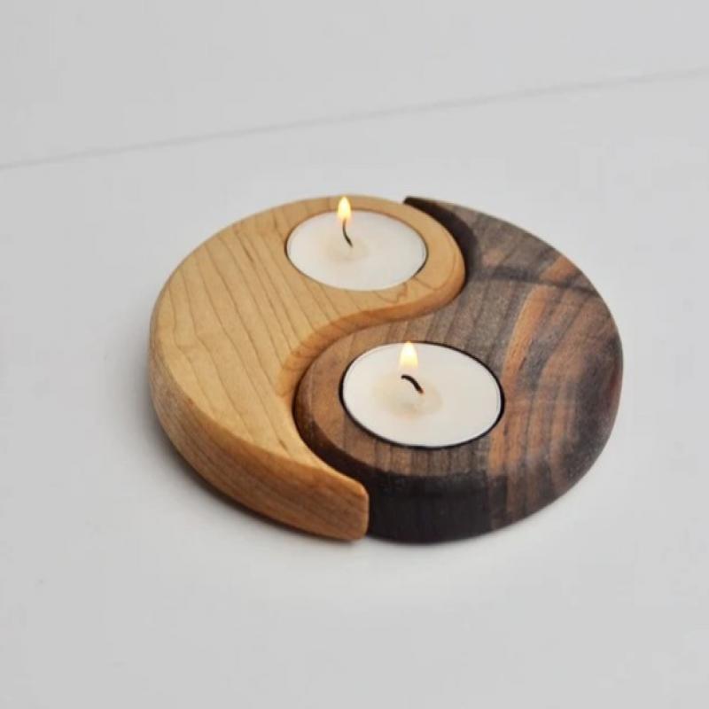 Yin & Yang Ahşap Tealight Mumluk - İki Parça-1598